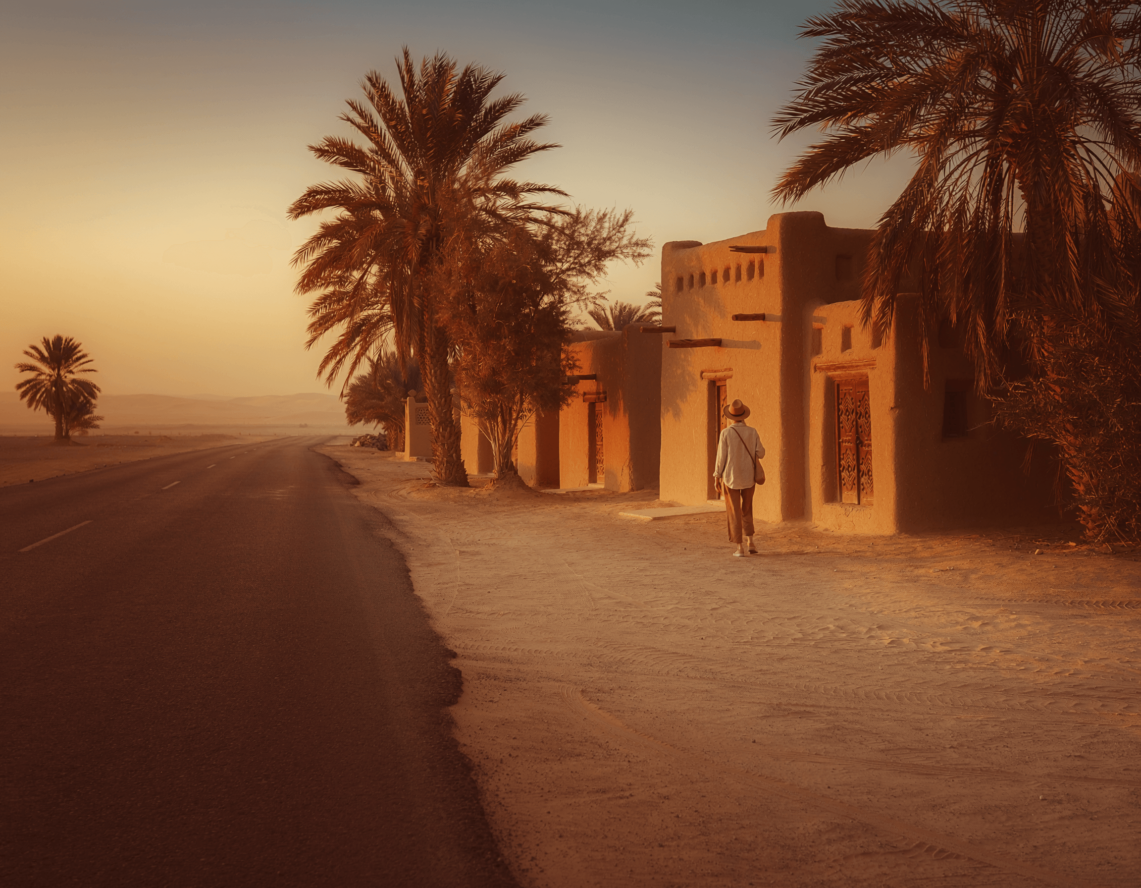 Custom Saudi journey through heritage landscape at golden hour
